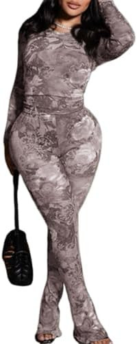 Sexy 2 Piece Set Jumpsuit for Women Floral Print See Through Mesh Long Sleeve Going Out Top and F... | Amazon (US)