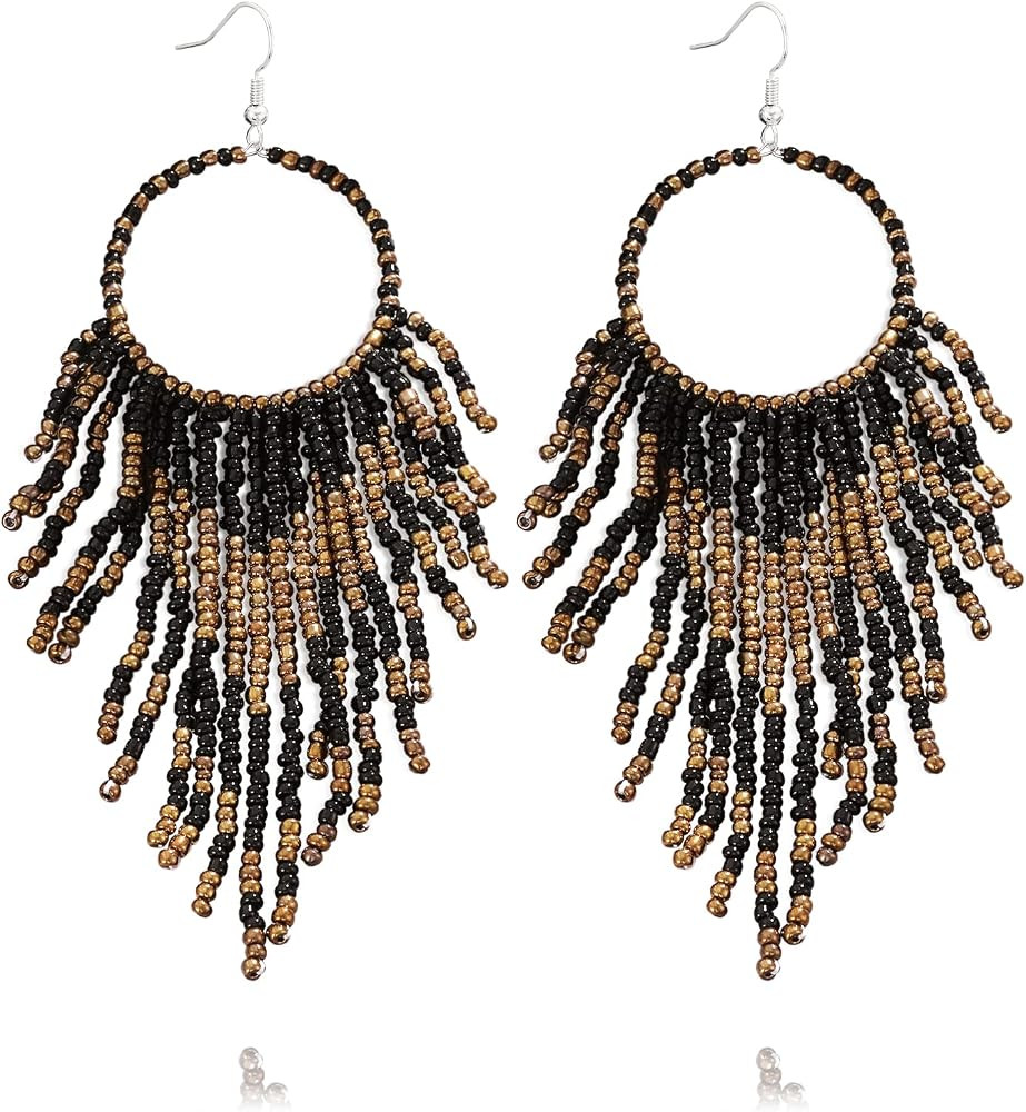 DoreenBow Long Beaded Tassel Black Earrings Boho Hoop Beaded Dangle Earrings Handmade Seed Bead E... | Amazon (US)