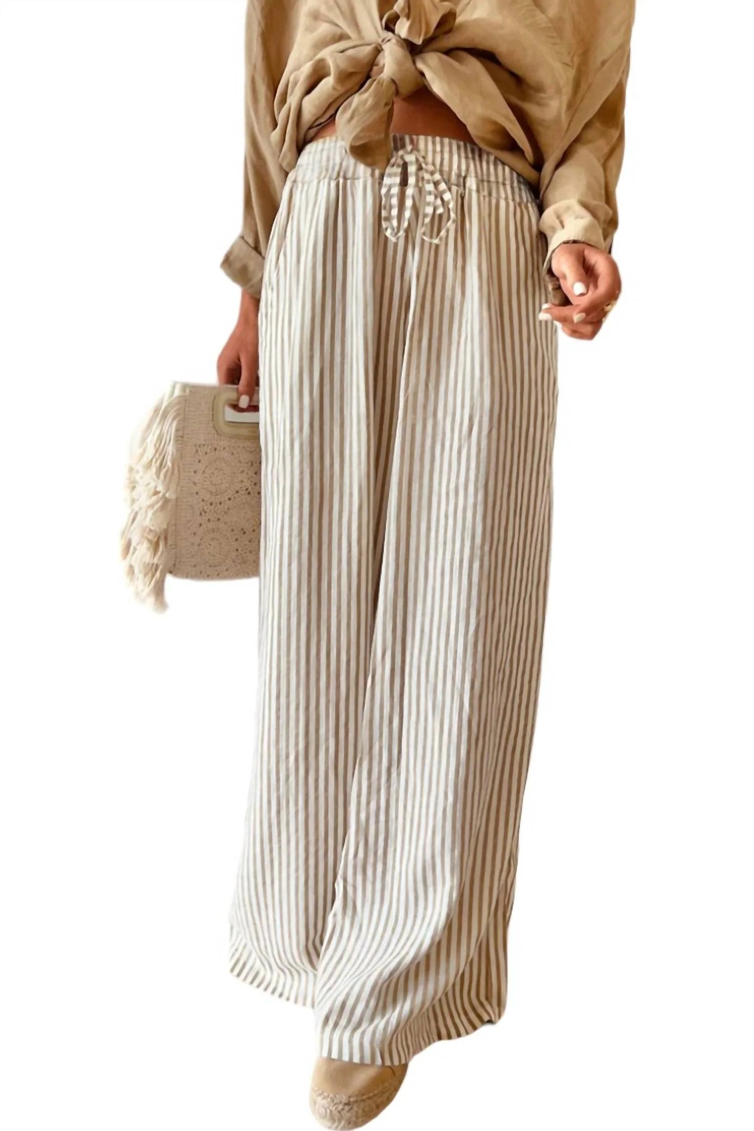 Stripe Print Drawstring Pants In Brown | Shop Simon