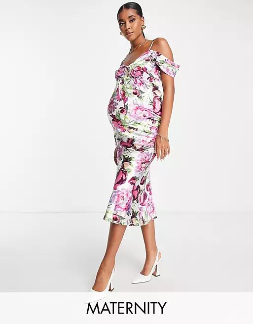 Hope & Ivy Maternity Kerry off shoulder printed dress in pink | ASOS (Global)