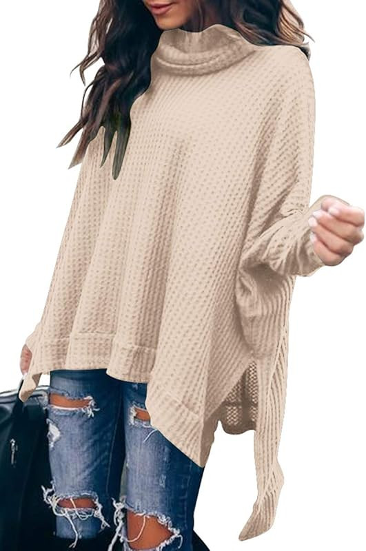 ANRABESS Women Turtleneck Batwing Sleeve High Low Hem Side Slit Waffle Knit Casual Loose Oversize... | Amazon (US)