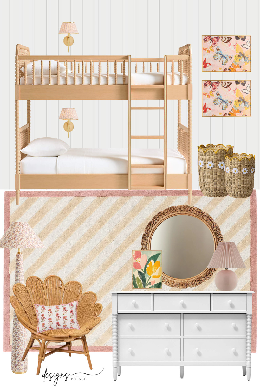 Girls Bedroom, Bunk Beds, Shared Girls Room, Rattan Flower Chair, Striped Rug, White Spindle Dresser, Daisy Baskets, Butterfly Wall Art, Pink Pleated Lamp, Floral Sconces, Grandmillennial Kids Room, Cottagecore Girls Room, Playful Kids Decor, Kids Room Inspo 

 #LTKHome #LTKBaby #LTKKids