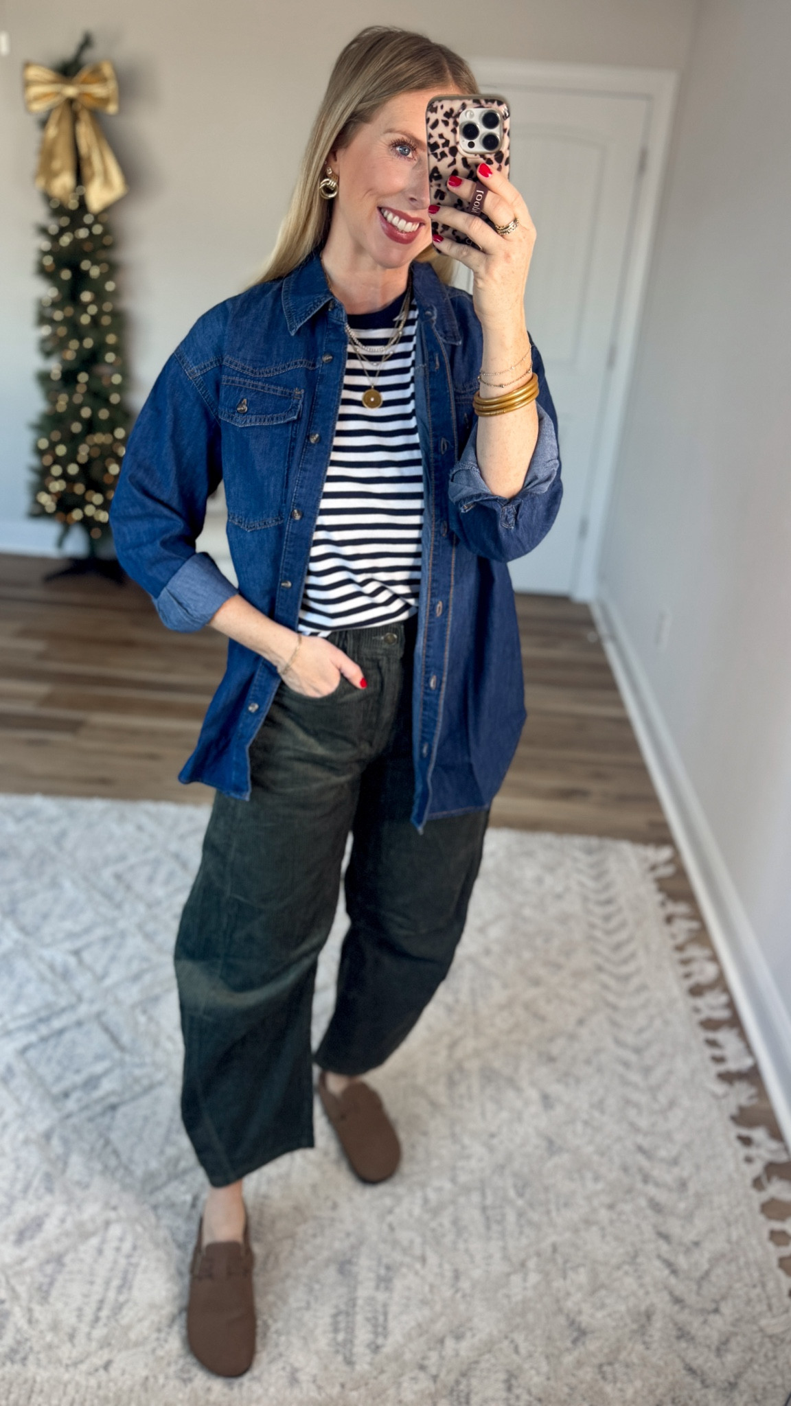 Daily try on, Walmart outfit, Walmart fashion, Walmart try on, denim shirt, striped tee, corduroy barrel jeans 

#LTKFindsUnder50 #LTKootd