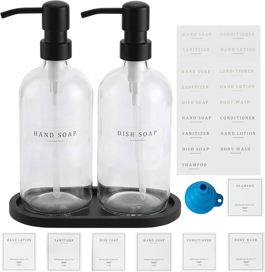 Glass Soap Dispenser - Dish Soap Dispenser for Kitchen and Hand Soap Dispenser Set, Bathroom Soap... | Amazon (US)