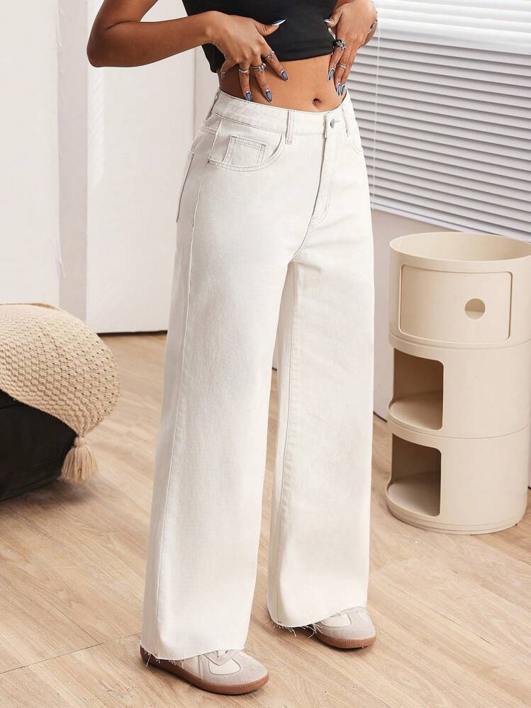 Jeans de talle alto rectos y sueltos versátiles de mezclilla con bolsillos para mujer | SHEIN