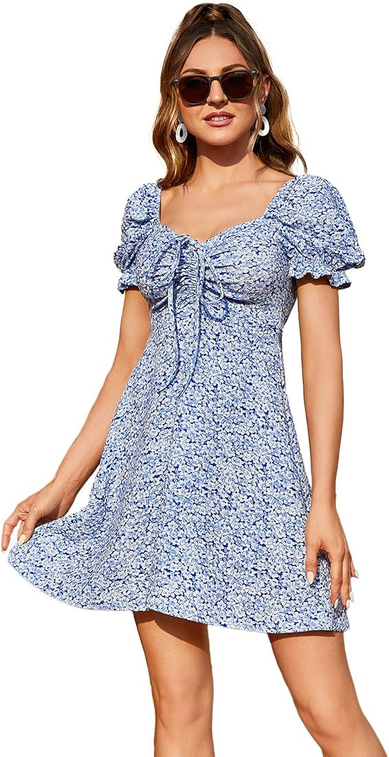 Verdusa Women's Floral Puff Short Sleeve Ruched A Line Dress V Neck Ruffle Mini Short Dresses | Amazon (US)