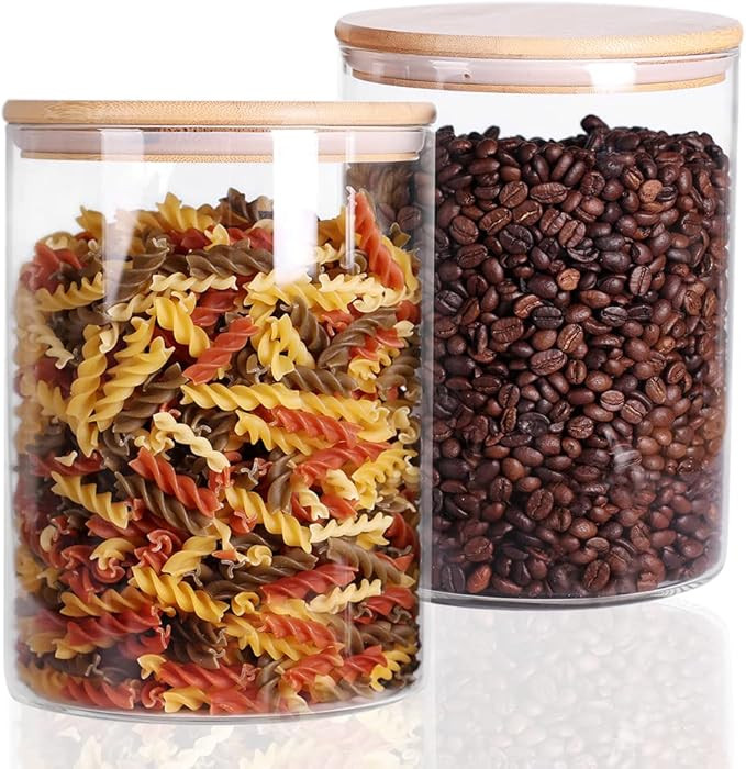 Set of 2 Glass Flour Container with Airtight Bamboo Lid, Large Food Jar with Wooden Lid for Stora... | Amazon (US)