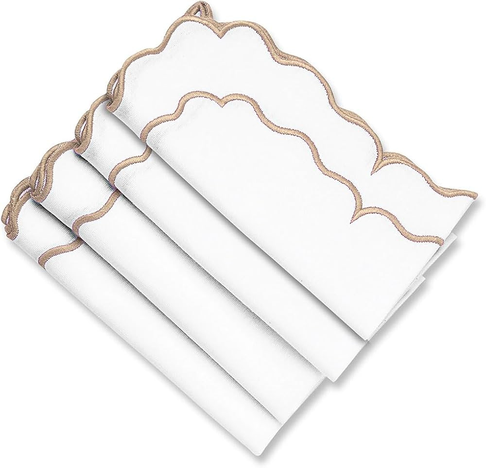 White Napkins with Gold Trim, 100% Pure Cotton, Scalloped Napkins, Thanksgiving Napkins, Set of 4... | Amazon (US)