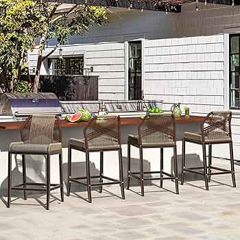 Rattan Counter Height Bar Stools Set of 4, 27.5" H Boho Woven Rope Back Outdoor Barstools with Al... | Amazon (US)