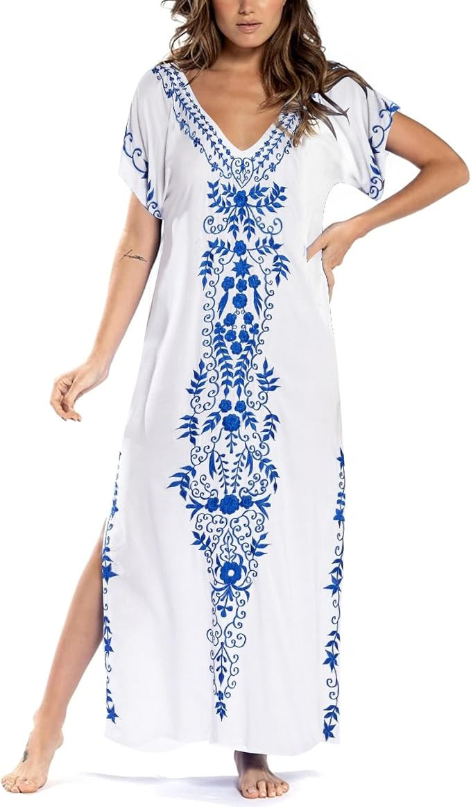Busbseach Caftan Dresses for Women Embroidery Short Sleeve Beach Cover Up V Neck Maxi Kaftan Dres... | Amazon (US)