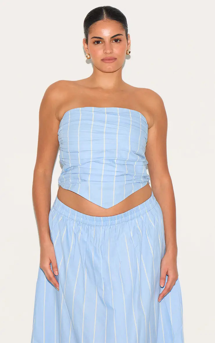 Blue Cotton Poplin Bandeau Ruched Front Top | PrettyLittleThing USA | PrettyLittleThing US