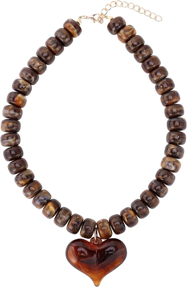 HJGPL Chunky Colorful Beaded Statement Boho Chokers Necklace Heart Pendant Pink Green Yellow Brow... | Amazon (US)