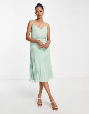 ASOS DESIGN pleated cami midi dress with drawstring waist in soft green | ASOS (Global)