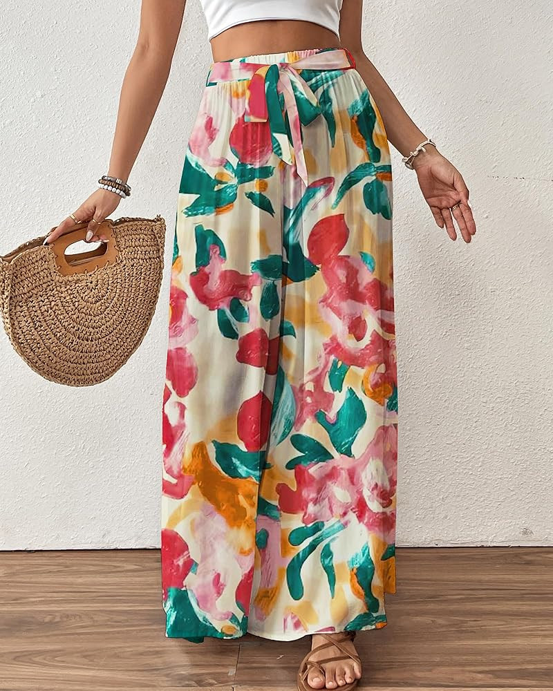 Bsubseach Wide Leg Pants Woman Flowy Floral Palazzo Pants for Women High Waisted Summer Casual Tr... | Amazon (US)