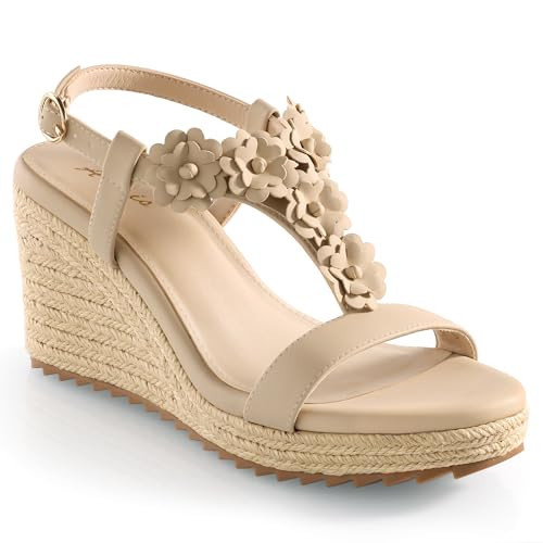 Ankis Wedge Sandals for Women, Nude Espadrille Womens Wedge Sandals Comfortable Open Toe T Strap High Heel Wedges for Women Dressy Summer -3.4Inch | Amazon (US)