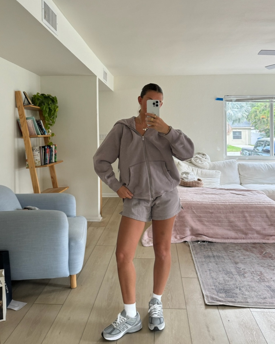 matching Abercrombie set in “beige”🤎 wearing small top and bottom 

fall outfit, sweatset, lounge wear, sweat shorts, zip up jacket, new balance sneakers, travel outfit 

#LTKTravel #LTKSeasonal #LTKFindsUnder100