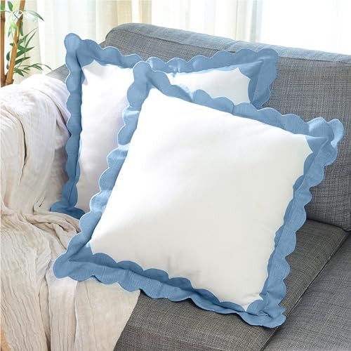 Folkulture Boho Throw Pillow Covers 18x18 Set of 2 Throw Pillows for Couch Pillows for Living Room, Decorative Pillows, Outdoor Pillow Covers, Scalloped Pillow Cover, Blue Throw Pillows | Amazon (US)