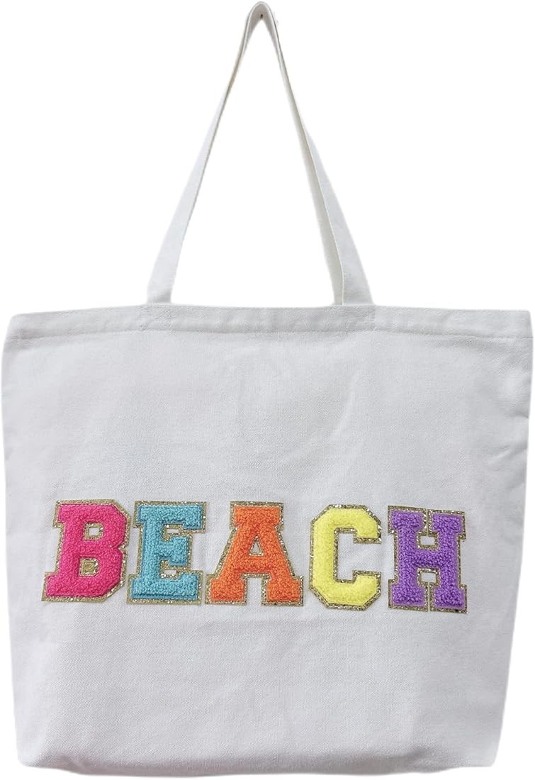 cqoogrlx Preppy Tote Bag Chenille Letter Bag Canvas Beach Tote Bag Large Beach Letter Bags with Z... | Amazon (US)