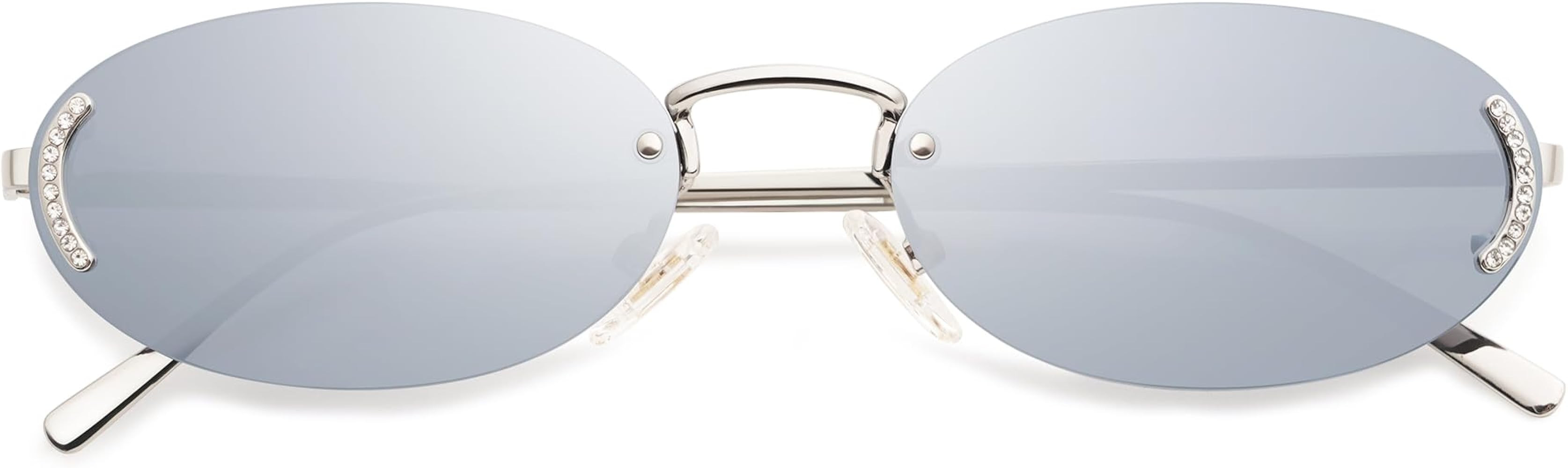 SOJOS Trendy Oval Rimless Sunglasses for Women Retro Y2k Sunnies with Rhinestones SJ1227 | Amazon (US)