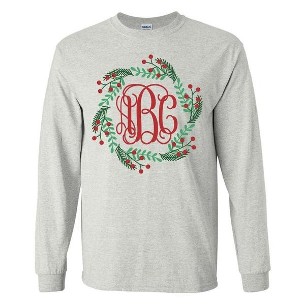 Monogrammed 'Holly Wreath' Long Sleeve T-Shirt | United Monograms