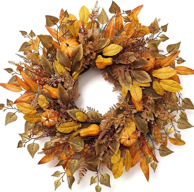 Fall Wreath for Front Door, 26 Inch Artificial Harvest Wreath with Maple Leaves, Farmhouse Autumn... | Amazon (US)