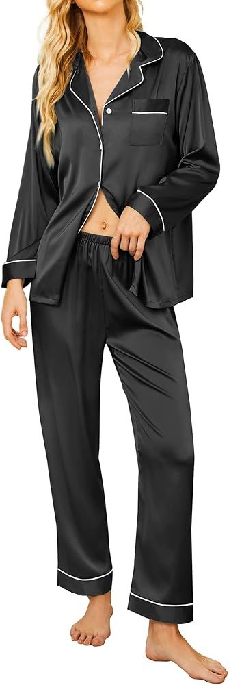 Ekouaer Satin Pajamas Women's Long Sleeve Sleepwear Silk Soft Button Down Loungewear Pjs Set S-XX... | Amazon (US)