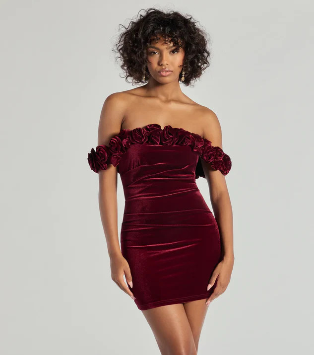 Dominique Floral Velvet Off The Shoulder Mini Dress | Windsor Stores