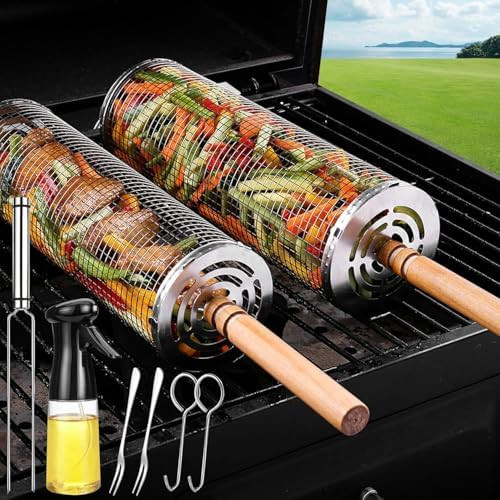 Rolling Grilling Baskets for Outdoor Grill Bbq Net Tube Stainless Steel Large Round Mesh Rotation... | Amazon (US)