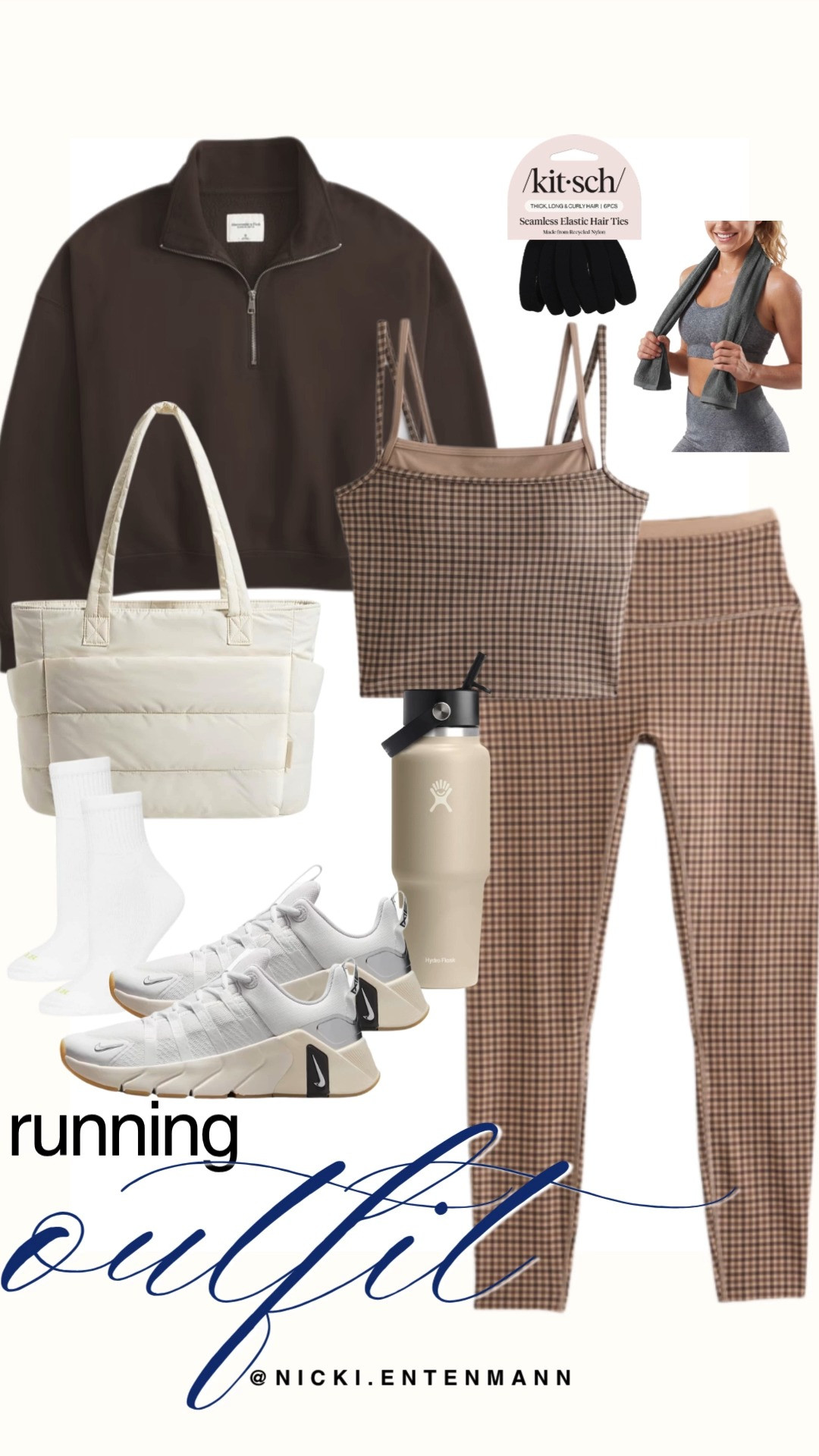 Hit the pavement in style with this chic running outfit set featuring a tan houndstooth tank and matching high-waisted leggings. Layer with a chocolate brown half-zip pullover and white Nike running sneakers paired with crisp crew socks. Finish the preppy look with a cream quilted tote bag, neutral water bottle, cooling towel, and Kitsch hair ties.

#runningoutfit #activewear #fallfitness #athleisure #preppycasual #workoutstyle 

 #LTKootd #LTKfitnessgoals #LTKActive