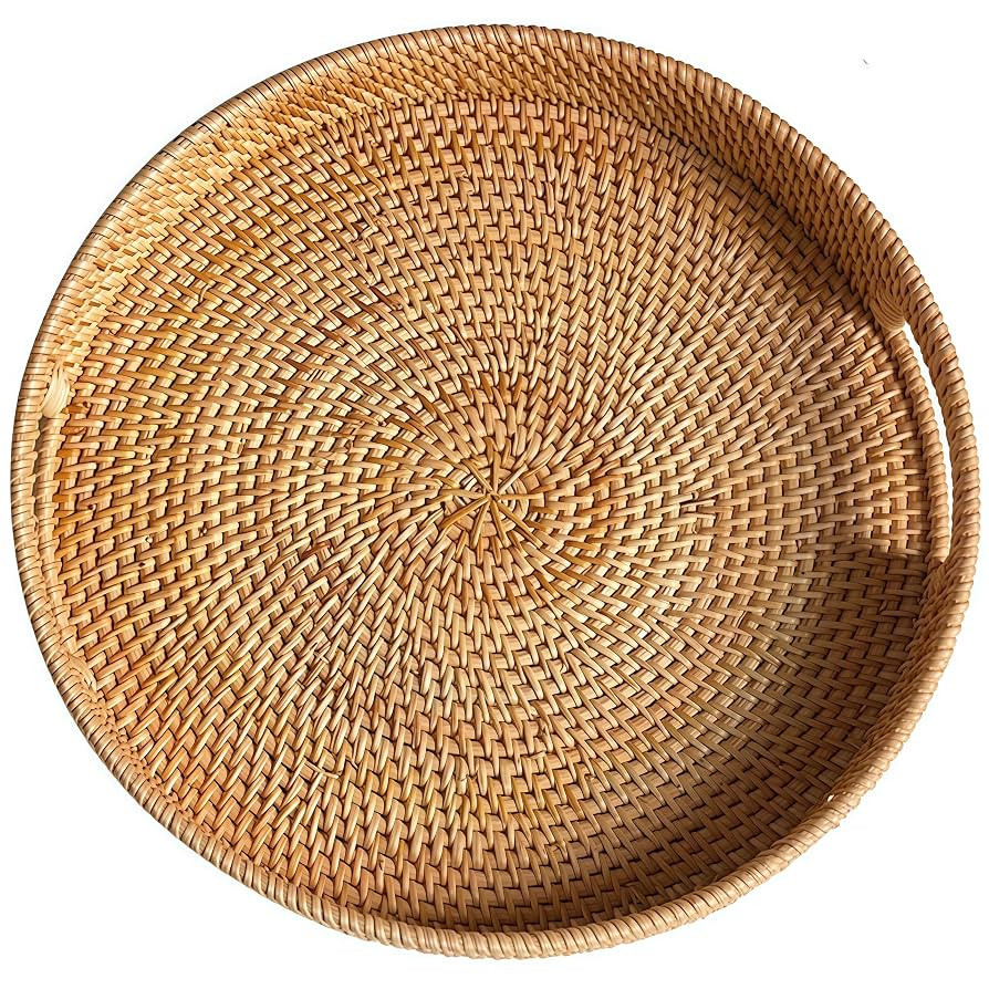 14.2" Round Rattan Tray, Hand Woven Serving Tray with Handles, Wicker Serving Basket, Decorative ... | Amazon (US)