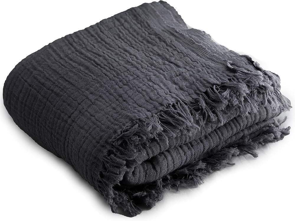 Peshtemania Premium Gauze Muslin Dark Grey Blue Throw Blankets for Adults 4-Layers Tassel Farmhou... | Amazon (US)