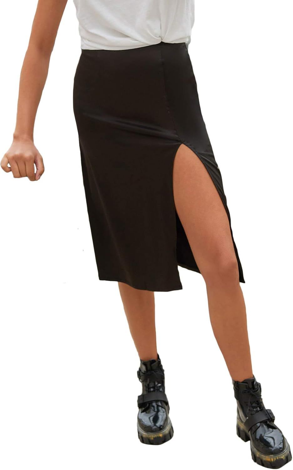 Milumia Women's High Split Satin Skirt High Waisted Zipper Solid Midi Skirt | Amazon (US)