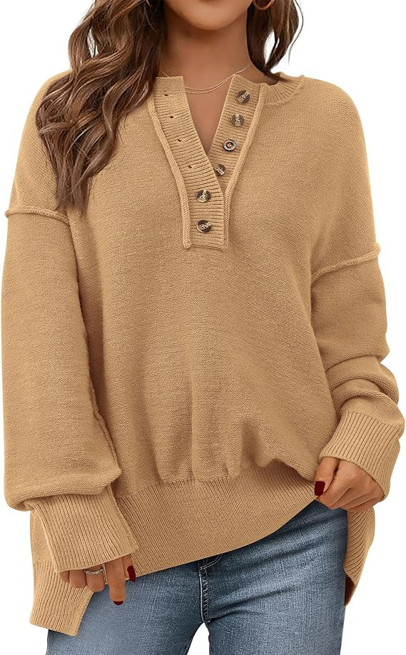 Zenlonr Women's Long Sleeve Sweater 2024 Casual Crew Neck Button Down Knitted Loose Slouchy Jumpe... | Amazon (US)