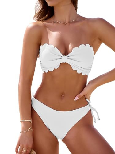 Rajputana Womens Wavy Edge Bandeau Bikini Strapless Tie Back Side String Bathing Suits Two Piece Swimsuit White | Amazon (US)