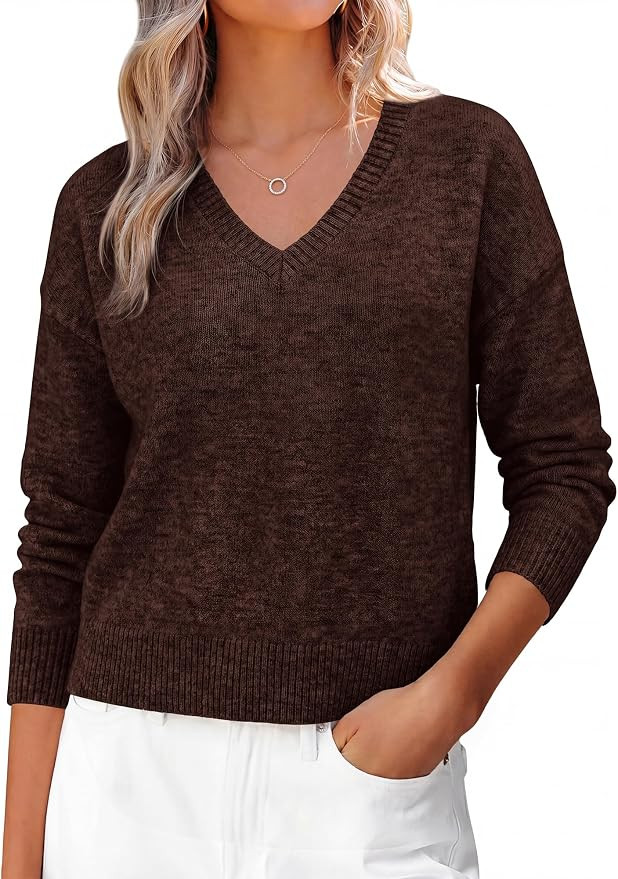 KIRUNDO Fall Sweaters for Women 2026 Casual V Neck Loose Long Sleeve Tops | Amazon (US)