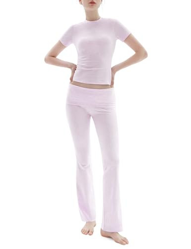 PUMIEY Lounge Sets for Women Two Piece Sets Fold-Over Flare Pants Crew Neck Short Sleeve T-shirts Loungewear Tracksuit, Heather Pop XX-Large | Amazon (US)