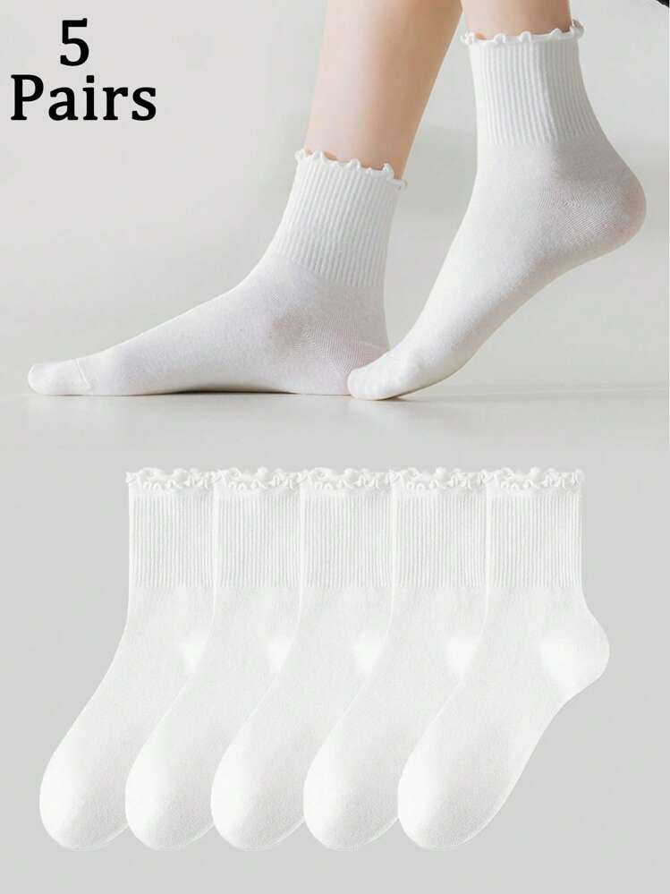 5 Pairs Women White Cute Ruffle Fashionable Mid-Calf Socks, Suitable For Everyday Wear, Fall | SHEIN