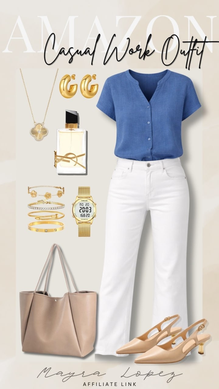 Love how easy this outfit feels while still looking put together. The blue top with white denim is such a fresh combo for spring and summer, and these neutral accessories pull it all together so nicely. Perfect for work, lunch, or everyday when you want to look chic without trying too hard.

#LTKStyle #LTKWorkwear #LTKPetite #PetiteStyle #WorkOutfitIdeas #CasualWorkwear #SpringStyle #SummerStyle #NeutralAccessories #WhiteJeansOutfit #BlueTopOutfit #ChicStyle #EverydayStyle #OfficeStyle #PetiteFashion