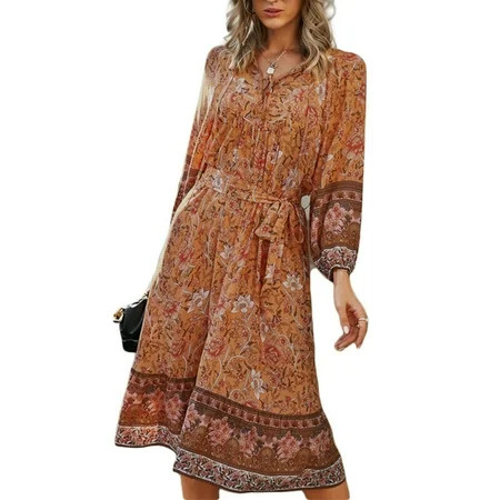 Long Sleeve Maxi Dress for Women V Neck Casual Boho Floral Print Long Dresses Orange L | Walmart (US)