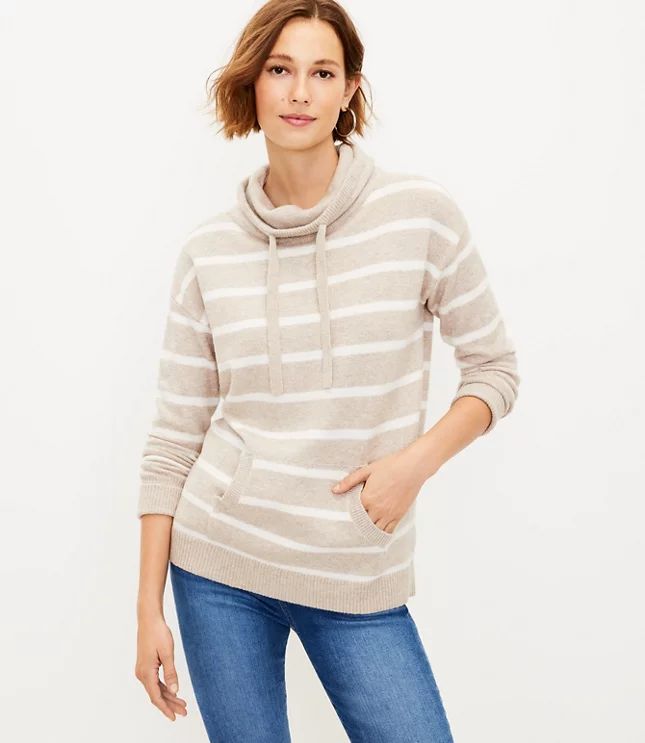 Striped Cowl Neck Pocket Tunic Sweater | LOFT