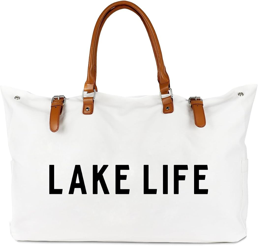 Beach Bag with Vegan Leather Handle, Extra Large Beach Bag for Women Waterproof Sandproof, White | Amazon (US)
