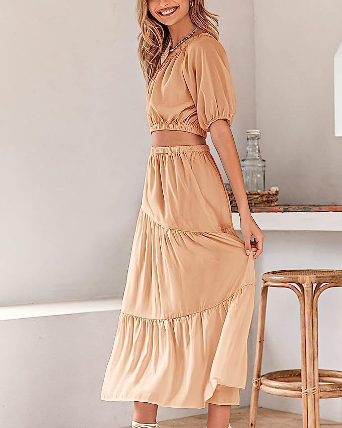 BTFBM Women Boho One Shoulder Maxi Dress Short Sleeve Cutout Elastic Waist Long Flowy Cocktail Pa... | Amazon (US)