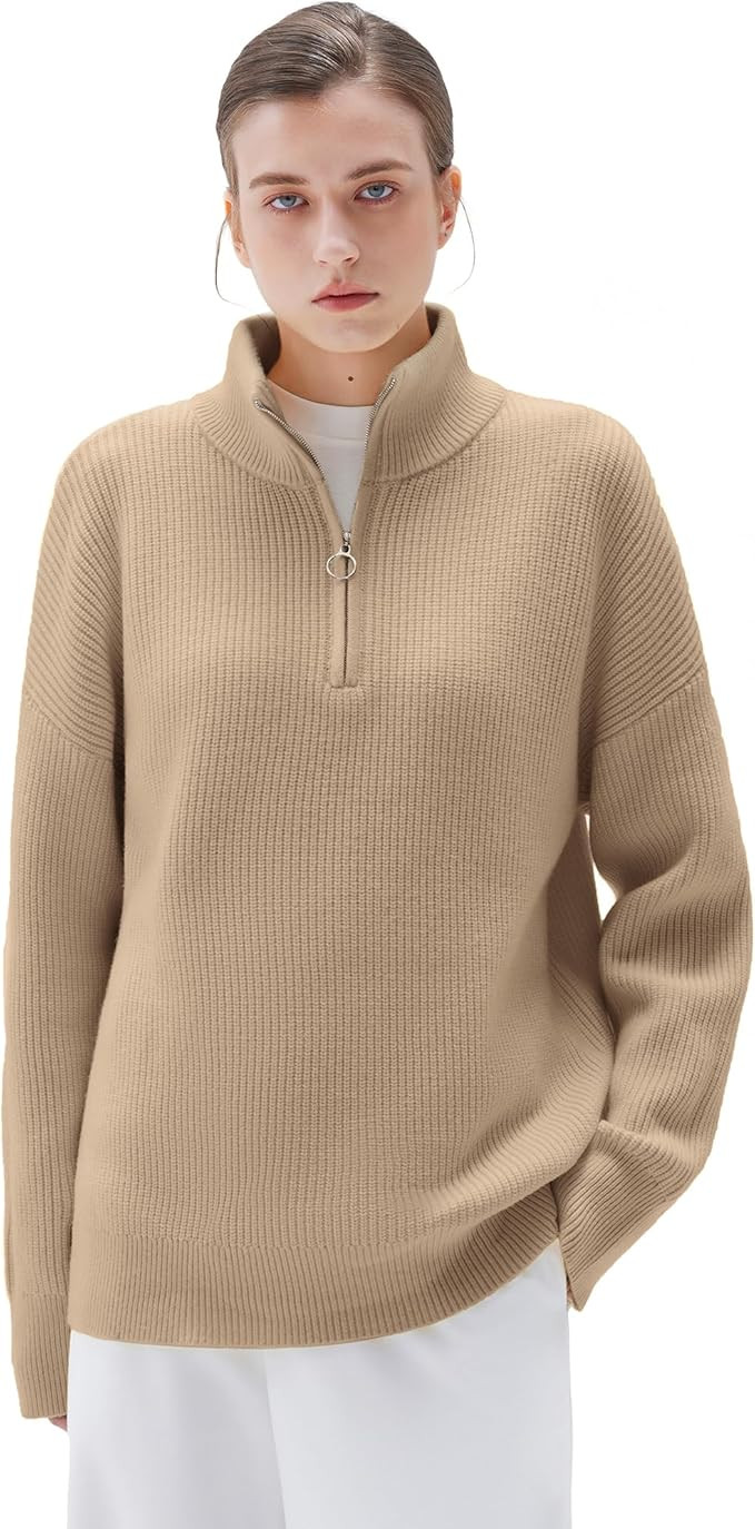 SUUKSESS Women Cashmere Oversized Quarter Zip Pullover Sweater Long Sleeve Collared Ribbed Knit J... | Amazon (US)