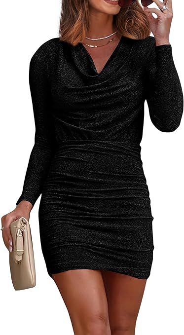 PRETTYGARDEN Women's Fall Bodycon Mini Dress Sparkly Long Sleeve Cowl Neck Ruched Short Club Cock... | Amazon (US)
