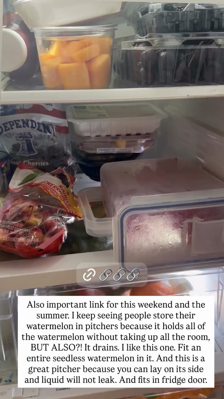 Another summer staple: I used this pitcher for the storing-watermelon hack, and it is PERFECT for maximizing space and storage. It can lay flat without leaking, AND it drains! Also fits in the fridge door!

#LTKHome #LTKfoodie #LTKmomlife