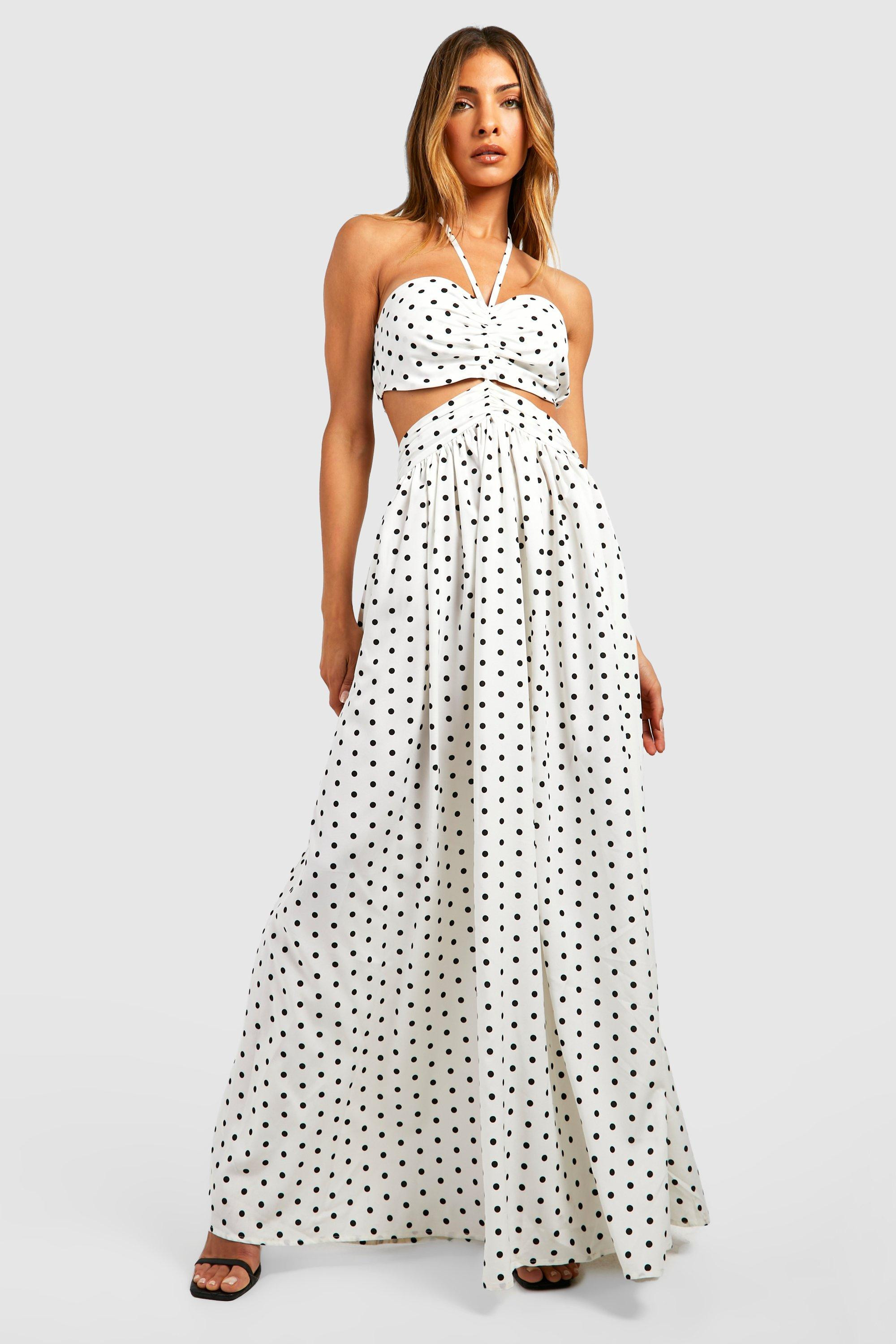 Womens Polka Dot Halter Cut Out Maxi Dress - White - 8 | Boohoo.com (US & CA)