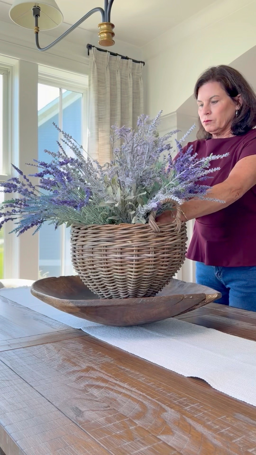 A large basket of lavender works great for a mid summer table arrangement! I mixed three different stems and placed in a glass vase inside the basket. The stems don’t spread out so much then.

This table runner is only $24! It has great texture. My bowl is vintage; found at a flea market. I linked a few options.

#LTKSeasonal #LTKHome #LTKSaleAlert