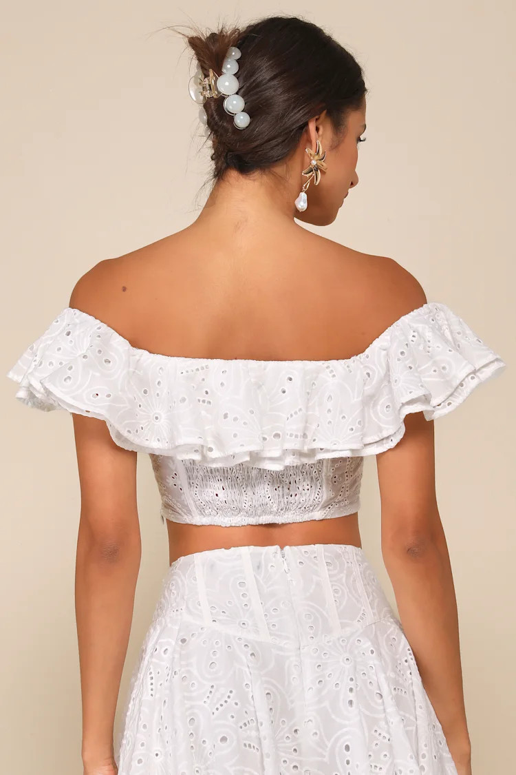 Lovely Season Ivory Eyelet Embroidered Off-the-Shoulder Crop Top | Lulus