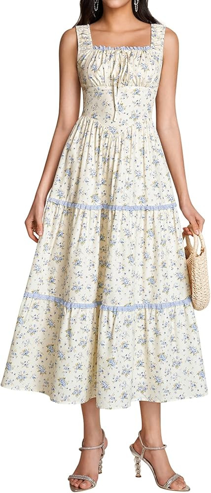 KUTUMAI Floral Corset Milkmaid Midi Dress Flowy Lace Tiered Cottagecore Wedding Guest for Women 2... | Amazon (US)