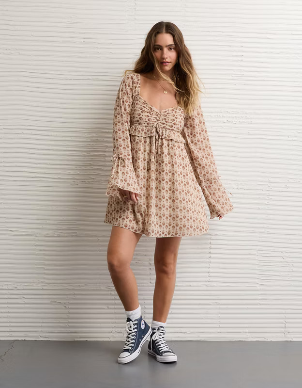 AE Long Sleeve Babydoll Mini Dress | American Eagle Outfitters (US & CA)